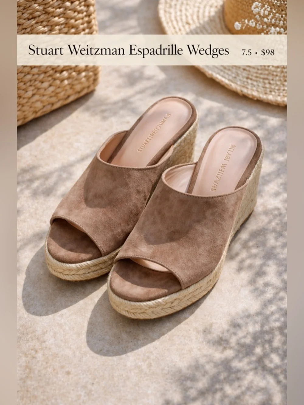 Stuart Weitzman Suede Espadrille Wedge Slides Neutral Tan Size 7.5